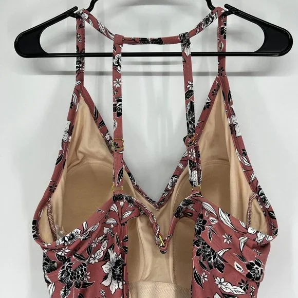 Kona Sol Swimsuit One Piece Pink Floral Print V Neck Side Cinch - Picture 8 of 12